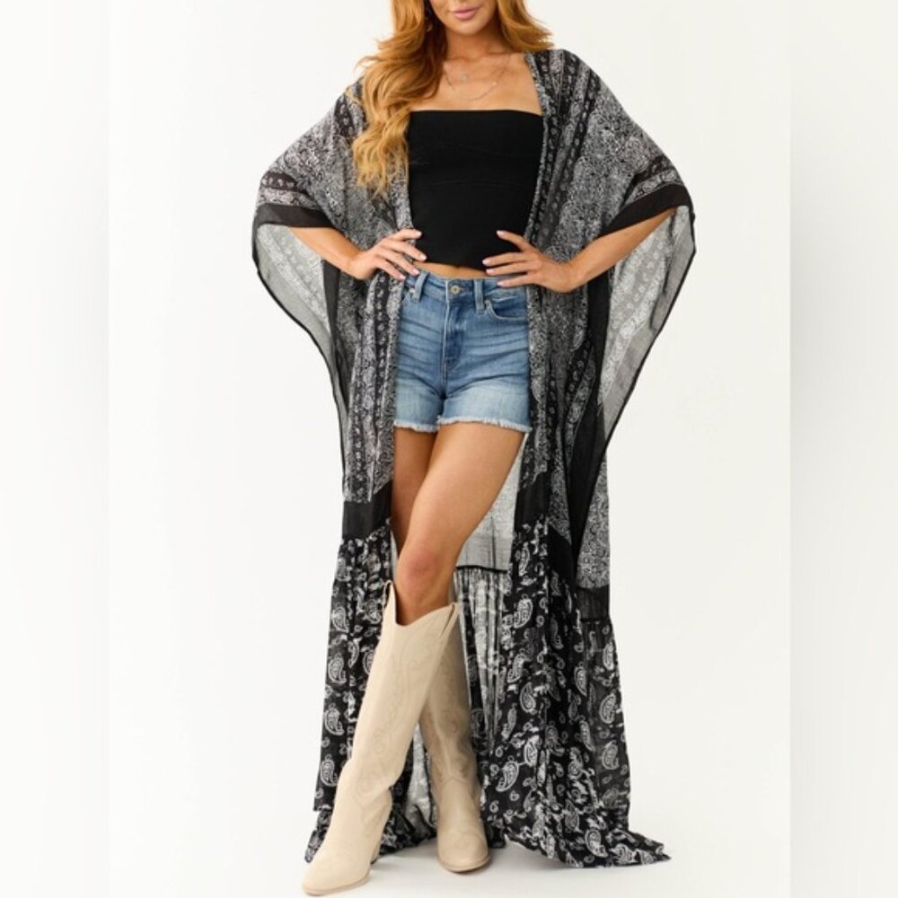 Paisley Dream Paisley Tapestry Free Flow Kimono - Black Sz One Size